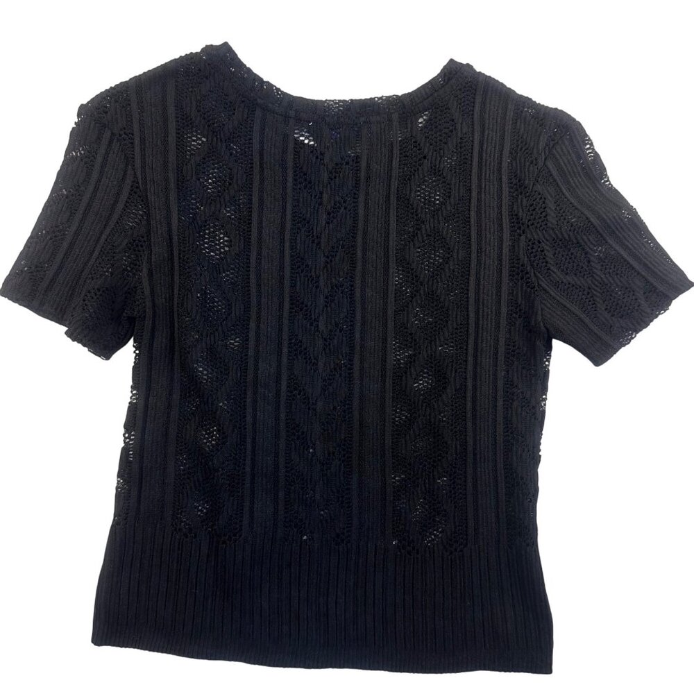 Zara Black Lace Knit Short-Sleeve Womens Top Size S Ribbed Hem Elegant Design - Picture 4 of 16